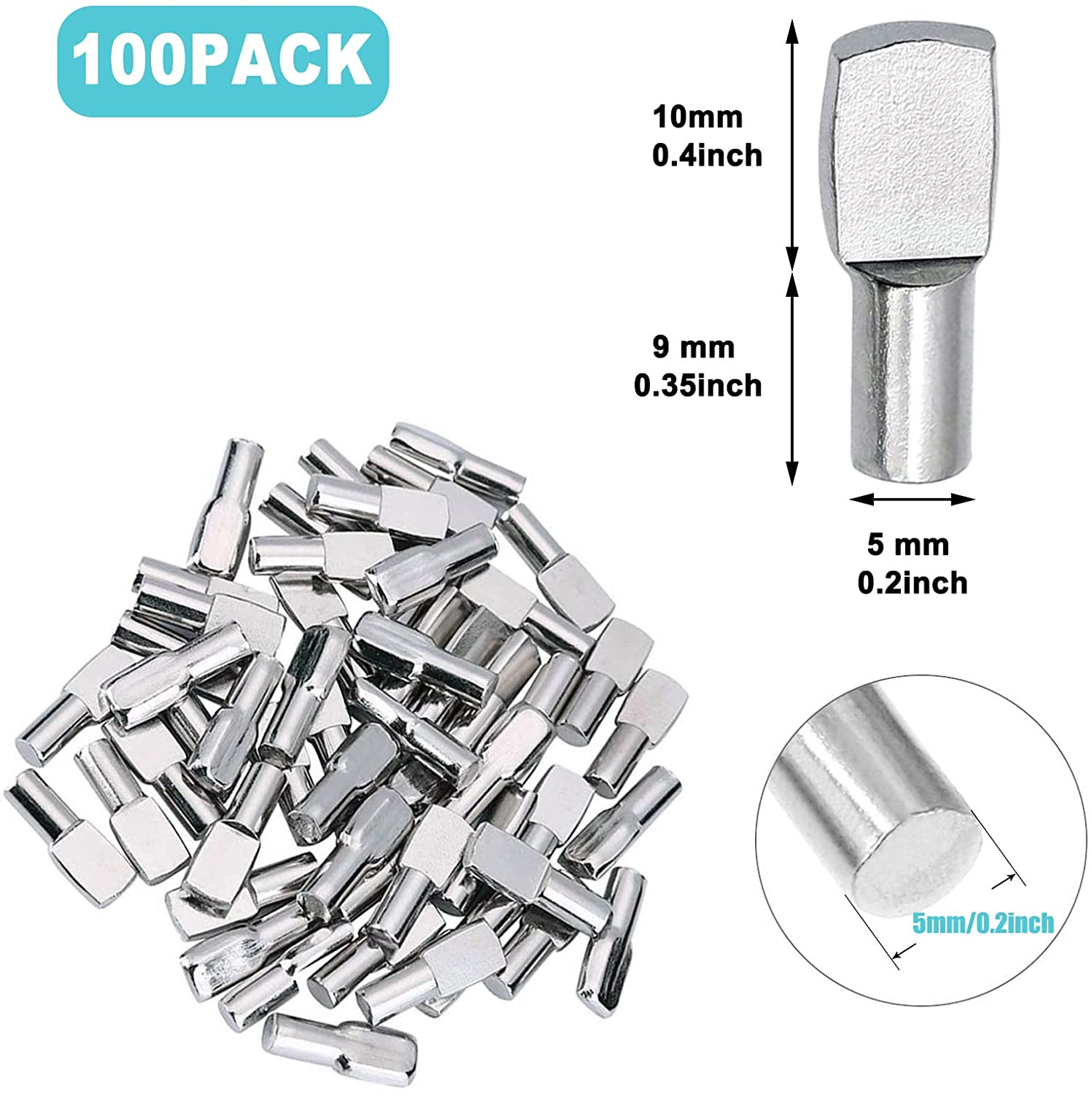100 Pcs Shelf Pins, 5Mm Spoon Shape Nickel Plated Shelf Support Pegs for Bookshe