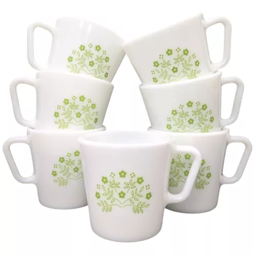 Pyrex Honeydew Summer Impressions Green White Mugs Set of 7 Vtg