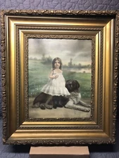 12HR FLASH SALE RARE 1920's TABER PRANG~Girl w/ Dog~Heavy Gold Frame