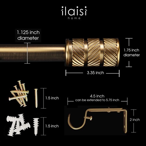 1-1/8 Inch Diameter Antique Gold Curtain Rods with Knurl Design Finial, 72-14... - Picture 7 of 9