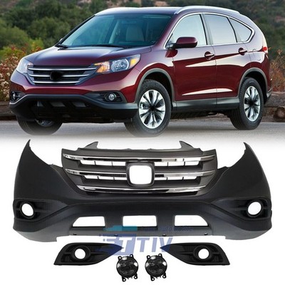 Front Bumper Cover+Fog Lights Lamps+Chrome Grille Kit For 2012-2014 Honda CR-V