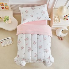 4 Piece Toddler Bedding Set Floral Pink And White Microfiber Comforter For Girls