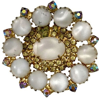 Vintage Oval Brooch 2'' Milky Swirl Rhinestone Gold Tone Setting Needs Repair