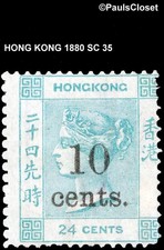 HONG KONG 1880 SC 35 QUEEN VICTORIA GREEN W/OP OF 10¢ ON 24¢ MHR F/VF