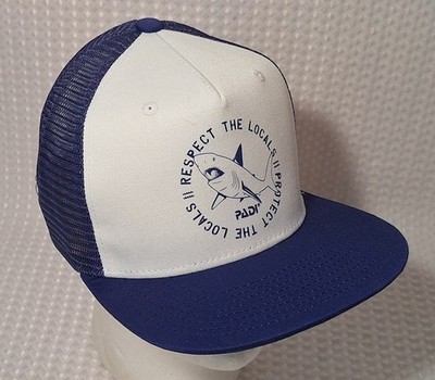 PADI Respect The Locals Shark White Blue Cap Hat Ocean Bound Plastic Diving New