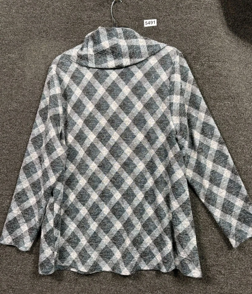 Camisa para mujer Lane Bryant 18/20 azul gris estampado de diamantes capucha cuello manga larga Foto 2 de 4