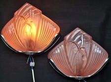 PAIR ART DECO NESDAM PINK GLASS WALL LIGHTS NUDE FEMALE WALL SCONCE CHROME FRAME
