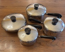 8 pc Lot Revere Ware Copper Bottom Saucepans and Fry Pan with Lids-Vintage