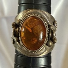 Vintage Sterling Silver Amber Ring Wide Band Artisan Boho Size 8.75 12.3g