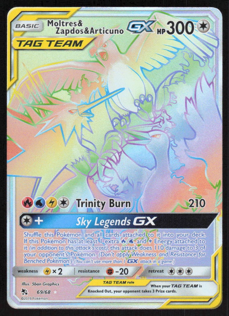 Moltres & Zapdos & Articuno GX (Secret) Holo 69/68 NM Hidden Fates Pokemon Card