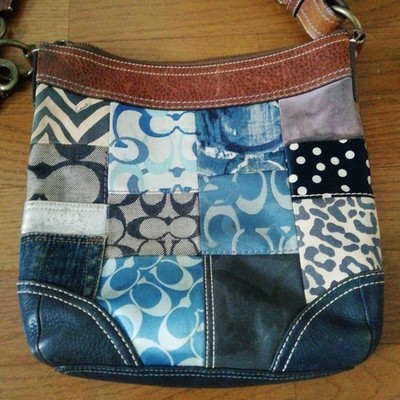 COACH Patchwork Adjustable Shoulder Bag Blue x Brown Denim x
