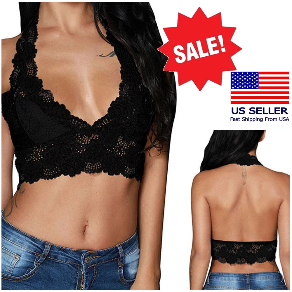 Fashion Bralette Floral Lace Sheer Halter Black Bra Bralet Crop Top Bustier S L