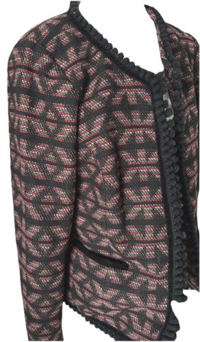 Women’s Monsoon Jacket Blazer Pockets Sz 14 Tweed Red Gray Black Aztec Pom Pom - Picture 3 of 14