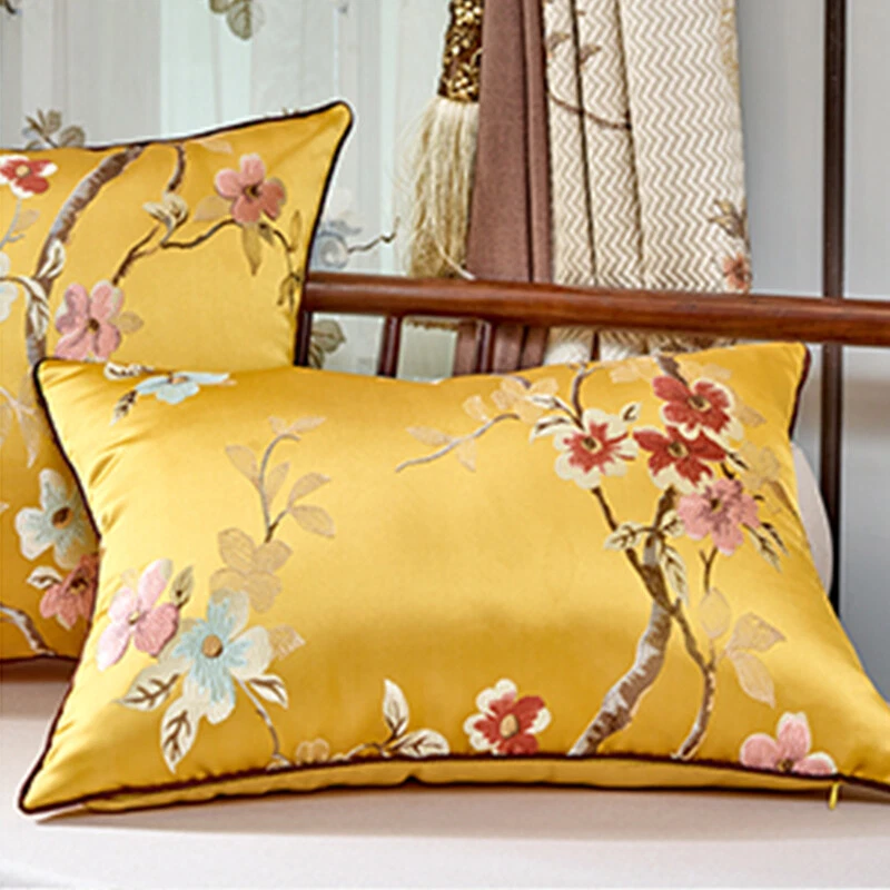 Silk Flower Satin Pillowcase Chinese Luxurious Embroidery Sofa Cushion Cover - Image 4 of 4