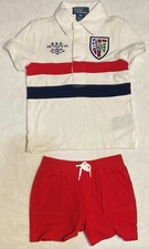 Ralph Lauren 2 pc Polo Shirt Cream w/Red Blue Stripe/Red Shorts Set Size 12M NWT