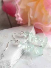 Aqua Blue Earrings Pebble Stacked Sea Glass Silver Ladies Dangle Earrings
