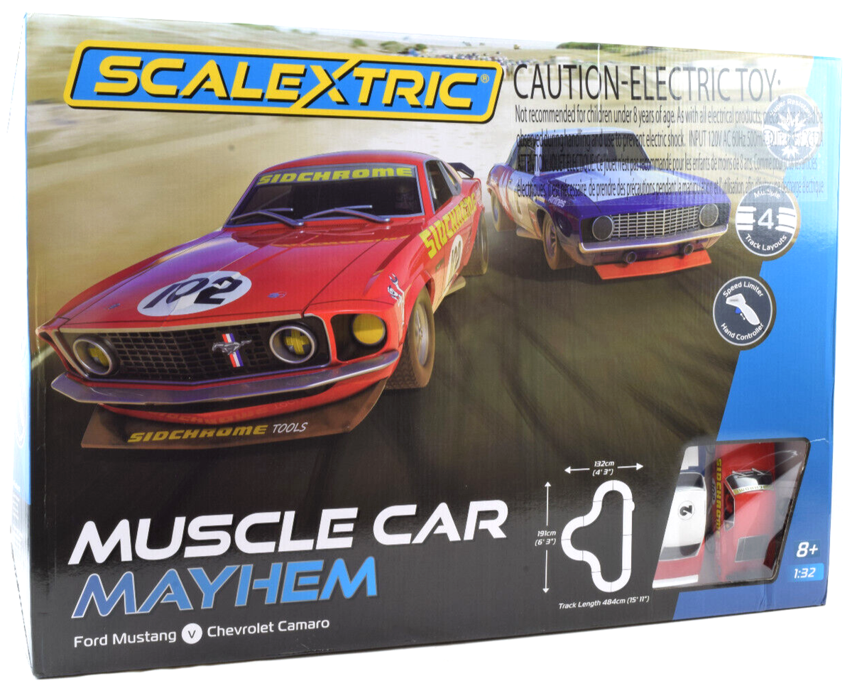 Scalextric Muscle Car Mayhem Mustang Camaro 1:32 Slot Car Race Set  C1449T
