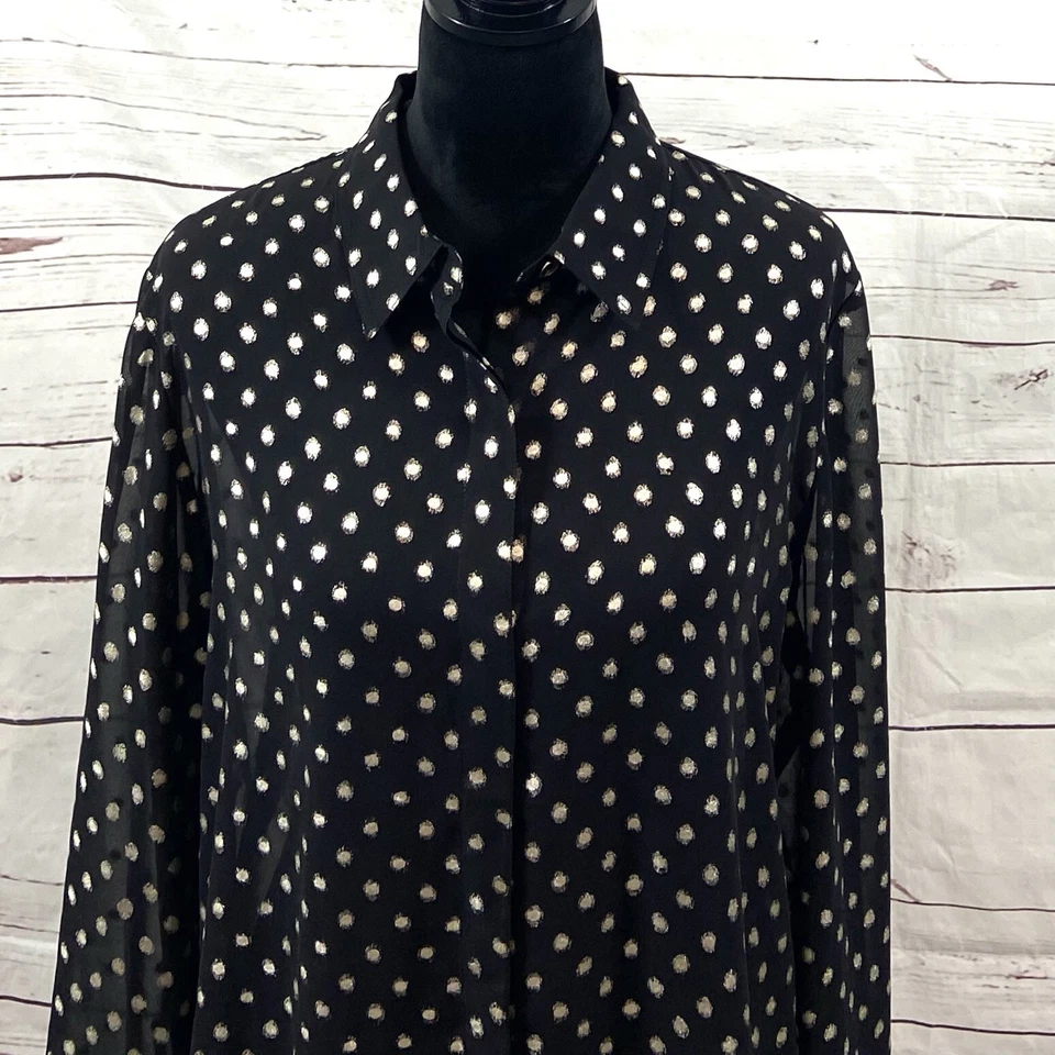 Top Chico's Mujer 2 EE. UU. 12 Negro Dorado Lunares Gasa Mangas Largas Semi Transparente Foto 2 de 4