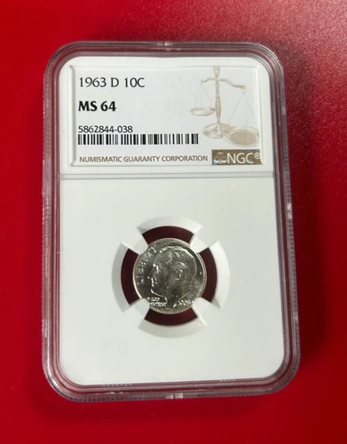 1963 D US SILVER DIME NGC MS64
