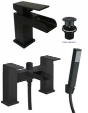 Bathroom Modern Waterfall Black Basin Sink Mono Square Mixer Tap Filler Waste