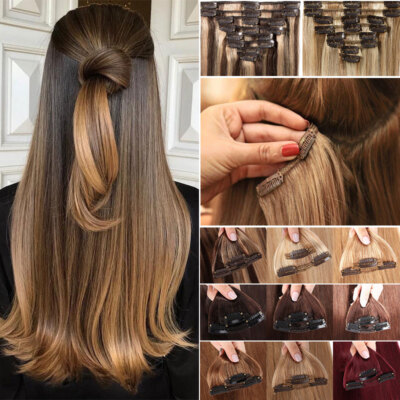 Nahtlose Clip in Extensions Echthaar Haarverlängerung 8 Tressen 30 - 60cm 8PCS