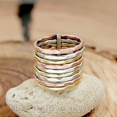 Two Tone - Hammered Stacking 925 Sterling Silver Handmade Ring Jewelry for Women