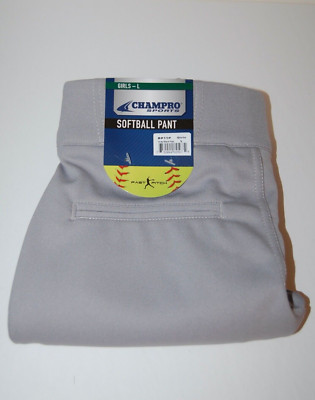 CHAMPRO GIRL'S LOW RISE YOUTH SOFTBALL PANTS WITH BRAID SIZE LARGE GRAY W/ BLACK