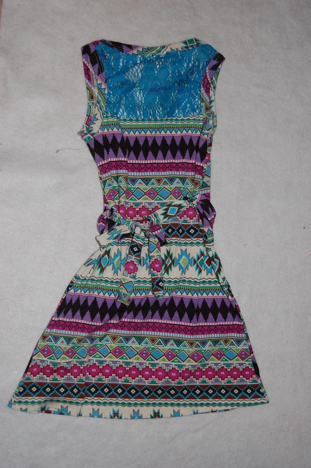 Девочек летнее платье бирюзовый розовый слоновой кости TRIBAL AZTEC полоски кружева панели XS 4-5 - Изображение 2 из 2