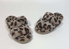 Womens Fuzzy Slippers Brown Leopard Print Faux Fur Cushioned Open Toe Size 7 EUC