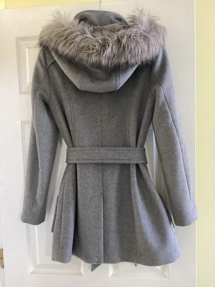 Calvin Klein 2p Grey Wool Blend Winter Coat W/faux Fur Trimmed Removable Hood - Image 2 of 4