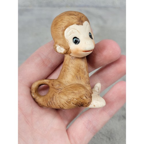 Vintage Ceramic Baby Monkey Figurine Brown Miniature Big Eyes Mid Century Japan