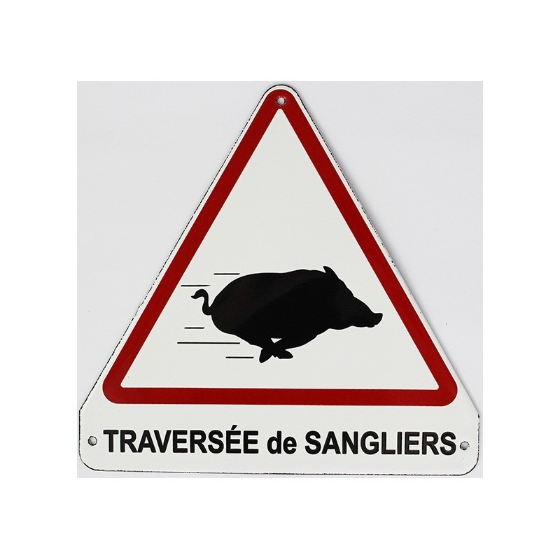 Plaque émaillée humoristique traversée de sangliers pour déco de jardin