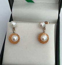 Vintage 14k Yellow Gold Double 6mm Pearl Dangle Drop Earrings Pierced 3grm DsVa
