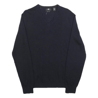 CALVIN KLEIN Herren Navy Uni V-Ausschnitt Basic Strick Pullover M Wolle klassisch weich