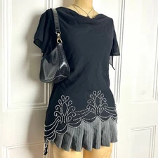 Metaphor Vintage Black Whimsygoth Glam Blouse with Decorated Bedazzled Hem 