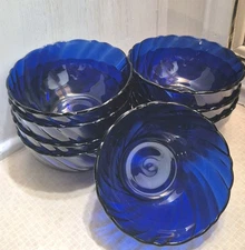 Set 8 Duralex Cobalt Blue Swirl Bormioli Rocco 4 5/8" Fruit Berry Bowls France