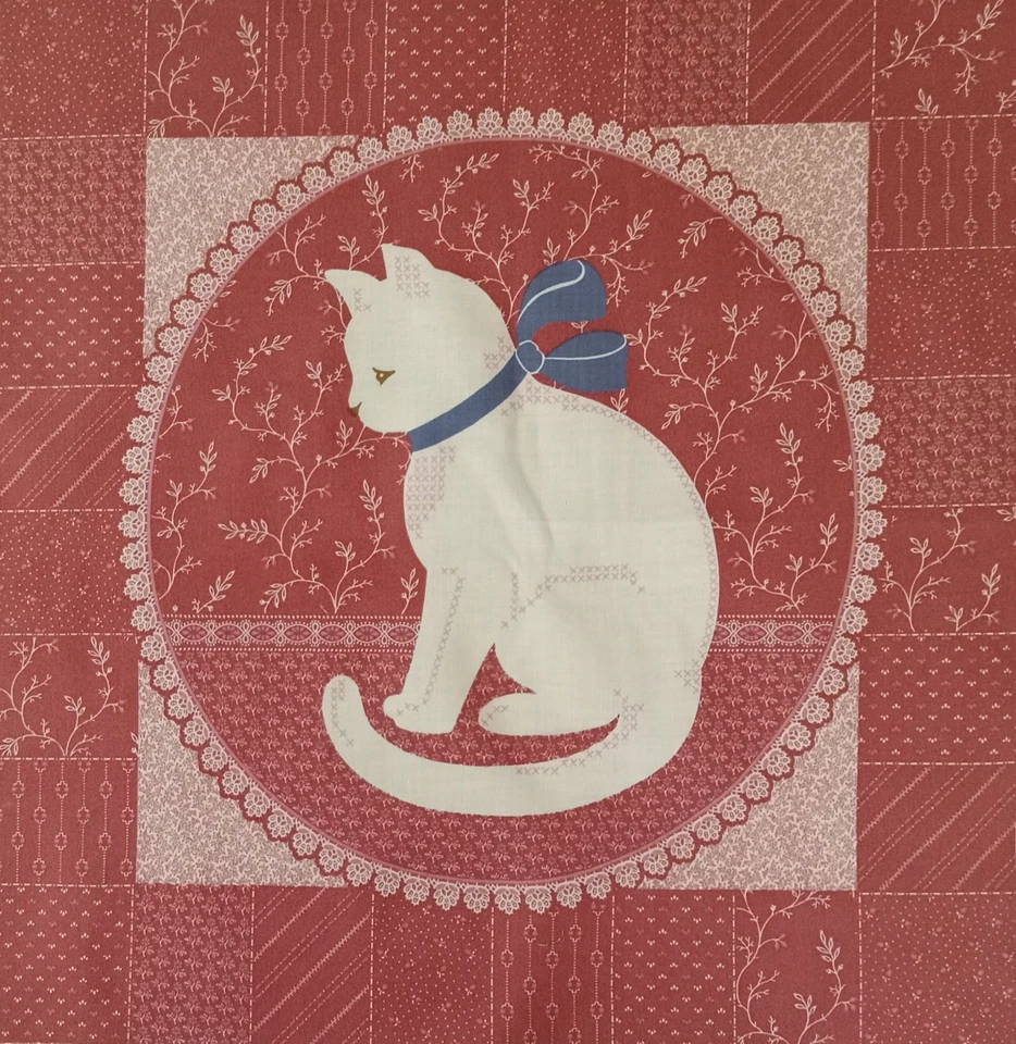 Vintage~Cranston~"Kitty Cat w/Blue Bow"~ Pinks BG ~Cotton Fabric ~ 14.25"x14.75" - Image 2 of 3