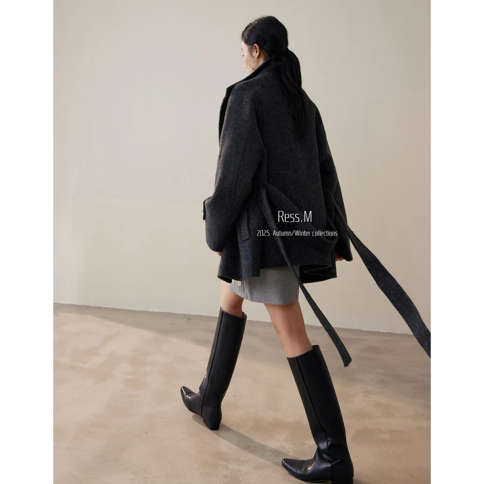 Winter Women's Stand Collar Cashmere Sheep Wool Cashmere Short Loose Long Coats - Image 4 of 4