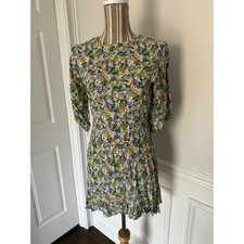Faithfull The Brand Jeanette Floral Mini Dress Puff Sleeve Ruffle Hem Size 2
