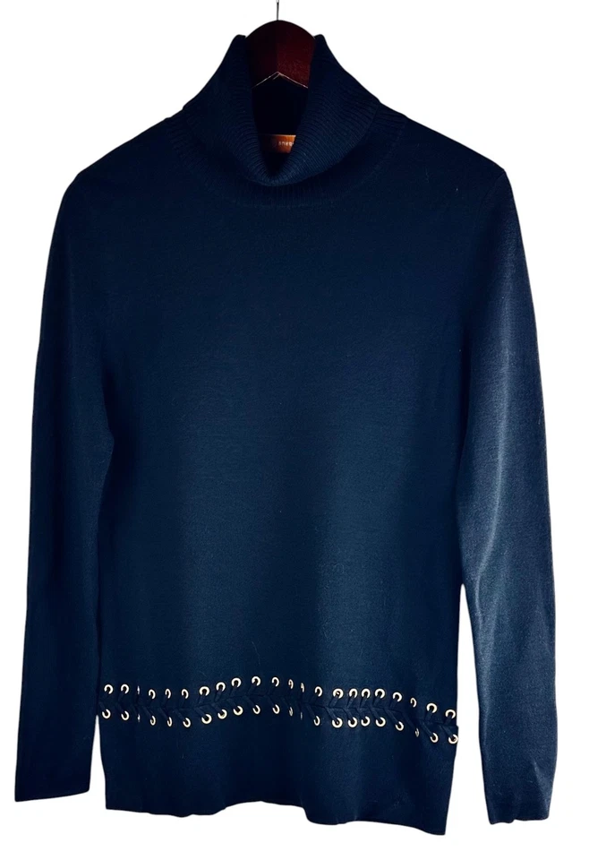 Tory Burch Turtleneck Sweater Medium 100% WOOL Navy Blue Grommet Quiet Luxury ^ - Image 2 of 4