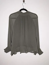 Grade & Gather Womens Olive Green Fairycore Poet Sleeve Plisse Fabric Top S