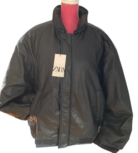 NWT ZARA Vegan Leather Oversized Bomber Puffer Jacket Men's Sz XLarge Black image 4