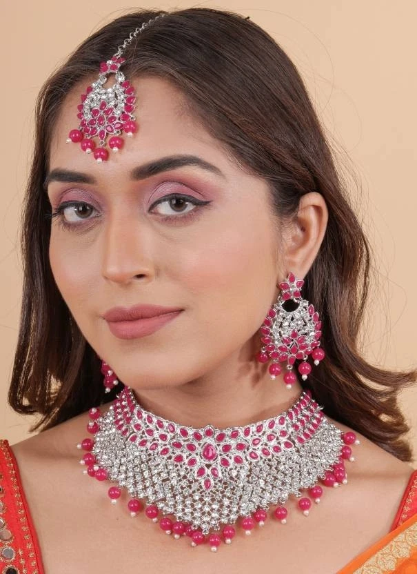 Indian Bollywood Bridal Silver Plated Jewelry Rhinestone & Pearl Necklace Set - Image 3 of 4