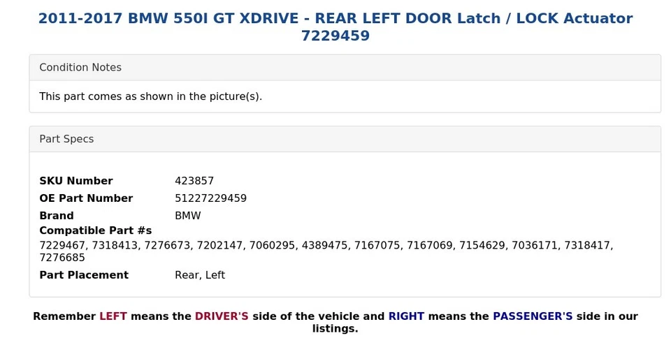 BMW 550I GT XDRIVE 2011-2017 - Pestillo de puerta trasera izquierda / Actuador de bloqueo 7229459 Foto 4 de 4