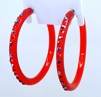 E001  1.75'' THIN CLEAR RED HOOPS WITH RED/RED AB RHINESTONES FASHION EARRINGS