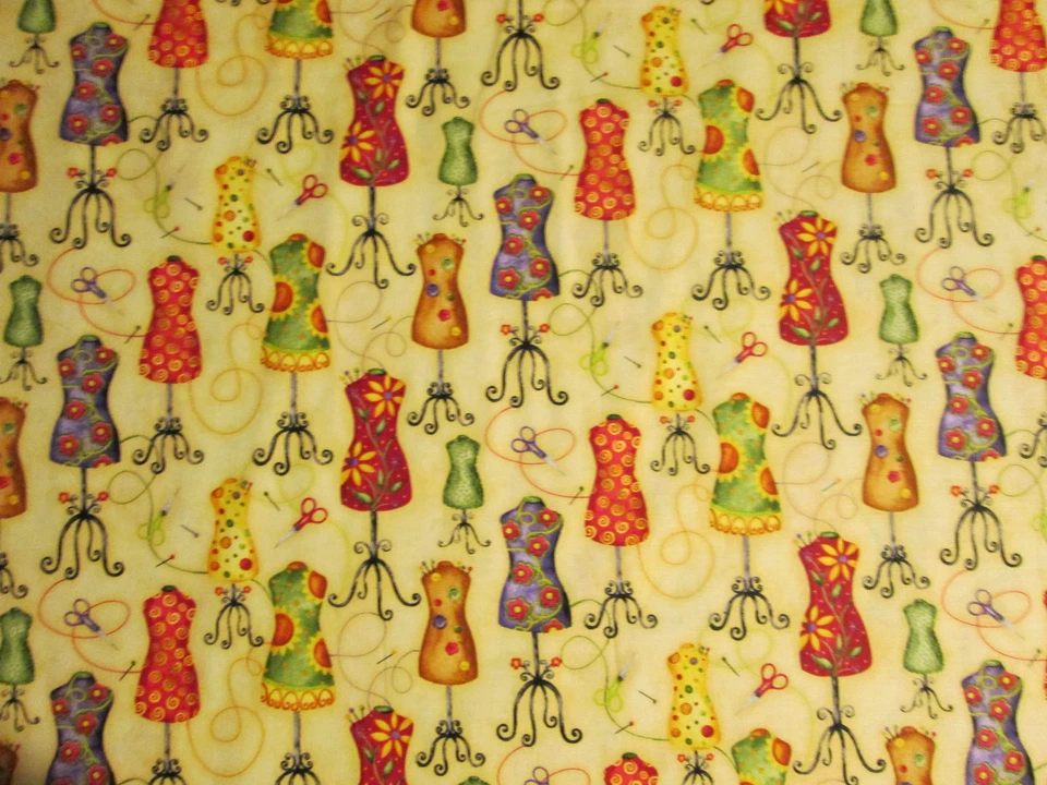 VESTIDO FORMAS MANIQUÍES FLORES BEIGE AMARILLO COSER ARTÍCULOS TELA ALGODÓN FQ Foto 3 de 4