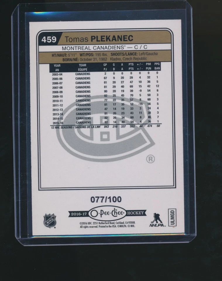 TOMAS PLEKANEC 2016-17 O-PEE-CHEE BLACK PARALLEL 077/100 - Image 2 of 2