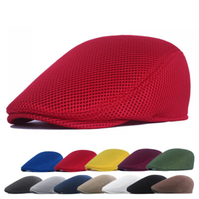 Men Stretch Breathable Mesh Summer Sun Hat Driving Hollow Golf Newsboy Flat  Cap
