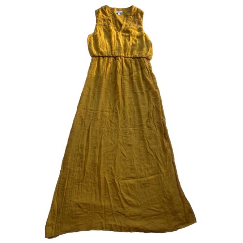 Luxology Maxi Dress Women's M Mustard Yellow Gauze Smocked V Neck Summer Comfort