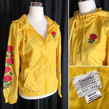 Women's Empyre Jacket Windbreaker Zip Front Hoodie Yellow Red Roses M Euc
